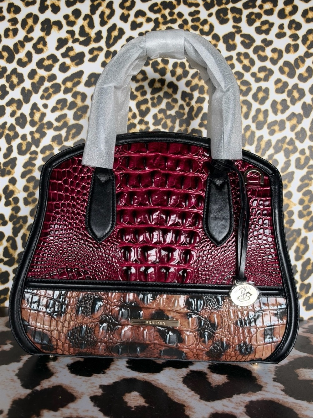 FIRM BRAHMIN ROSETTA CHERRY LACQUER TOWERS HTF NWT Satchel Leopard